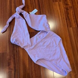 JMP One Piece Swimsuit Lavender Purple Textured Plunge Cross Neck Tie New Small